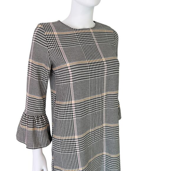 ZARA TRAFALUC Plaid Houndstooth Trumpet Bell Sleeve Mini Dress Small - Picture 2 of 8